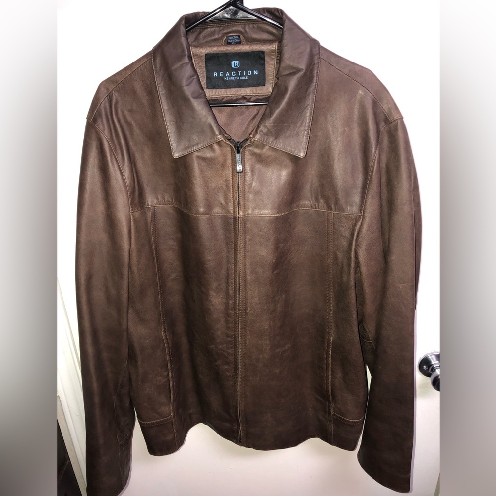 Used Men’s Kenneth Cole Reaction Leather Jacket Size XL Brown 8B1541 Goat Crunch